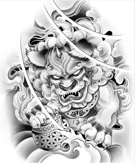 Fudog Tattoo Design, Komainu Tattoo, Foodog Tattoo, Dragon Koi Tattoo Design, Tato Irezumi, Tato Geisha, Dog Tattoo Design, Japanese Foo Dog, Foo Dog Tattoo Design