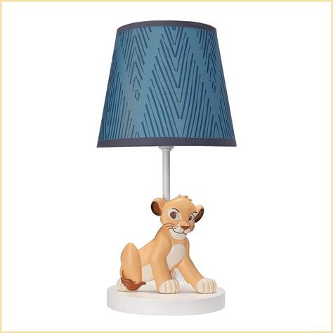 The perfect addition to your little one's nursery is this custom poly resin lamp and shade. A sculpted Simba sits on an oval shaped base. The lamp shade is a two-toned blue chevron print. An energy efficient light bulb is included. Simba Nursery, Lion King Room, Disney Baby Rooms, Lion King Nursery, King Room, Lion King Baby, Lambs & Ivy, Baby Room Themes, Adventure Nursery