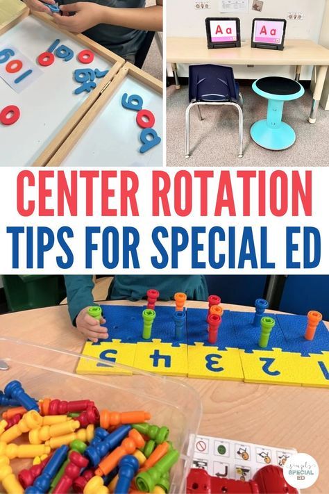 Center rotations in special education can be very beneficial for students with diverse learning needs. These center activities can be structured to accommodate individualized instruction, small group activities, and even some independent practice! In this post, I share a general guide on how I implement center rotations in my special education classroom. Math Centers For Special Education, Special Education Bulletin Board Ideas, Special Ed Preschool, Special Education Centers, Special Education Classroom Setup, Special Needs Classroom, Classroom Setup Elementary, Elementary Special Education Activities, Special Education Lesson Plans