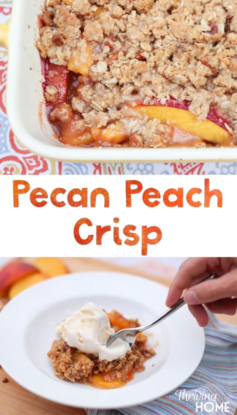 Pecan peach crisp dessert. Heaven help me, this fruit bake was delicious. Super easy to make too! Jello Dishes, Dessert Peaches, Peaches Dessert, Fruit Bake, Easy Peach Crisp, Peach Crisp Recipe, Freezer Meal Ideas, Crisp Desserts, Thriving Home