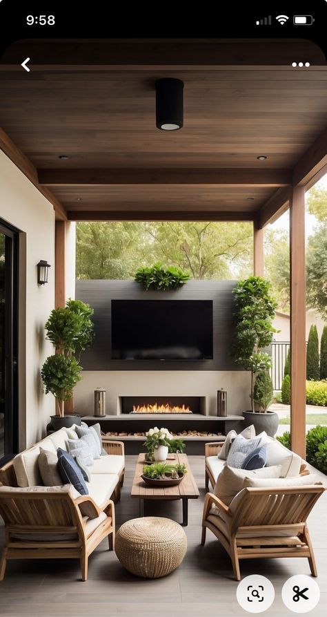 Outdoor Pergola With Tv Wall, Outdoor Patio With Tv Ideas, California Room Patio Ideas, Italian Style Home, Outdoor Interior Design, California Room, Outdoor Space Design, Rooftop Terrace Design, Retail Interior Design