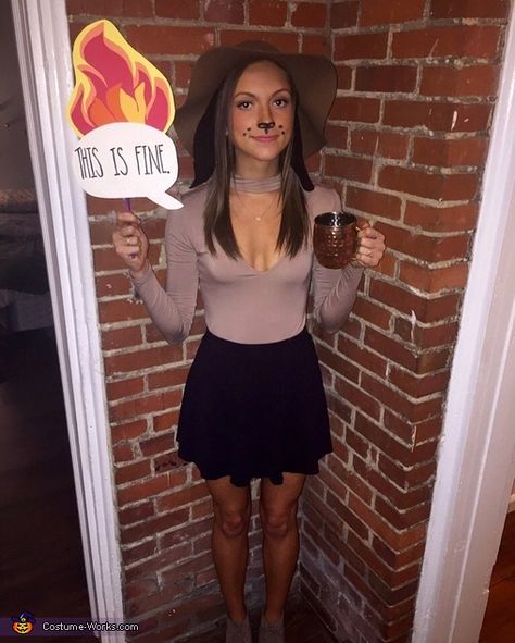 This is Fine Meme Costume - 2016 Halloween Costume Contest Meme Costume For Halloween, Meme Party Theme Costumes, This Is Fine Halloween Costume, Millenial Halloween Costume Ideas, Meme Costume Halloween, Dress Like A Meme Costume, Meme Diy Halloween Costumes, This Is Fine Costume, Meme Dress Day Ideas