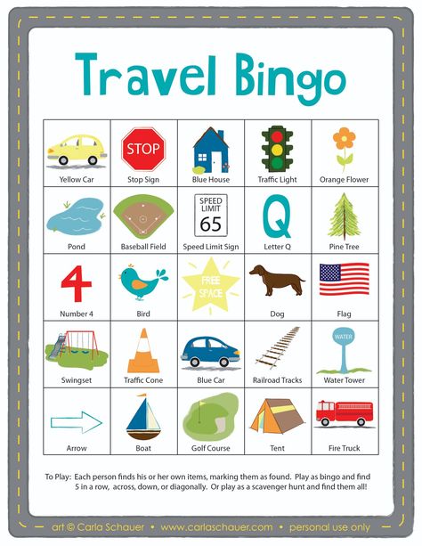 Fun Road Trip Games, Travel Bingo, Road Trip Bingo, Bingo For Kids, Trip Games, Bingo Template, Colouring Pictures, Baby Play Activities, Road Trip Games