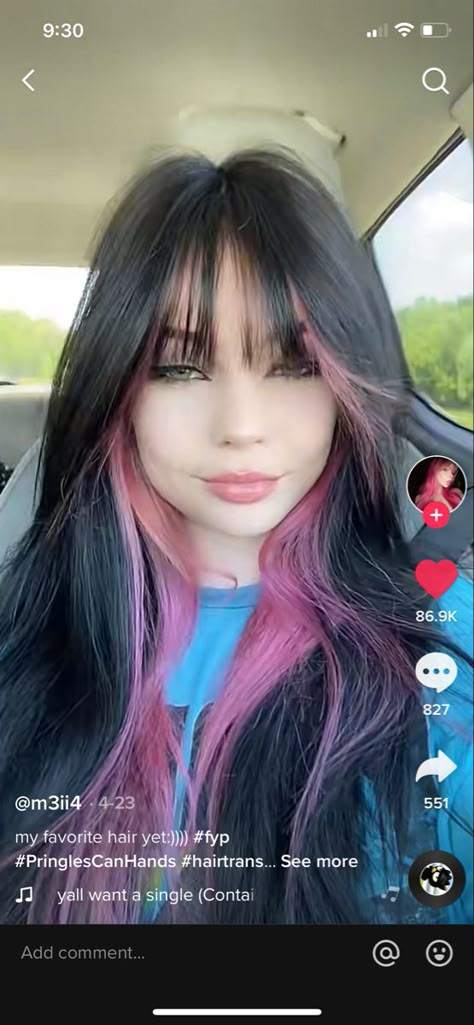 Brown Roots Colored Ends, Pink Peekaboo Hair With Bangs, Peekaboo Hair With Curtain Bangs, Black Hair Pink Extensions, Pink Peak A Boo Black Hair, Peekaboo Halo Hair Color, Black Hair Pink Peekaboo, Halo Hair Color With Bangs, Halo Dyed Hair With Bangs