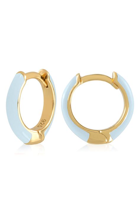 Easy-to-wear hoop earrings will add significant polish to even your most casual ensembles. 1/2" drop; 1/8" width Hinge with snap-post closure Sterling silver with goldtone plate/enamel Imported Blue Aesthetic Earrings, Preppy Earrings Hoop, Enamel Hoops Earrings, Vintage Looking Jewelry, Christmas Wishlist Jewelry, Good Jewelry Brands, Cute Jewelry Aesthetic, Christmas Wishlist 2024, Blue Jewerly