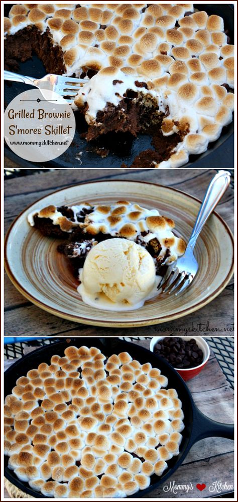 Brownies and S'mores come together deliciously in this This Grilled Brownie S'mores Skillet! This ooey-gooey chocolate dessert has a brownie bottom, with a layer of graham cracker crumbs, chocolate chips and topped with marshmallows. This delicious dessert can be cooked on an outdoor grill or baked in your oven. 😋 #smores #skilletrecipe #smoresskilletdessert #mommyskitchen #brownies #browniesmoresskillet Treager Grill Dessert Recipes, Desert On The Grill, S’mores On The Grill, Flat Top Grill Desserts, Smores Dessert Grill, Grilled Desserts Easy, Baking On The Grill, Blackstone Dessert Ideas, Dessert On The Blackstone