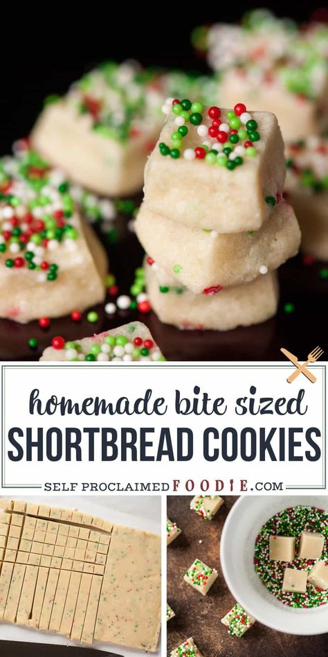 Shortbread Cookie Bites are a fun bite sized sweet treat that can be made for any birthday or holiday by customizing the fun sprinkles you choose! Shortbread Cookie Bites, Shortbread Bites, Shortbread Cookies Recipe, Homemade Shortbread, Shortbread Cookies Christmas, Xmas Baking, Cookie Bites, Christmas Shortbread, Shortbread Cookie Recipe