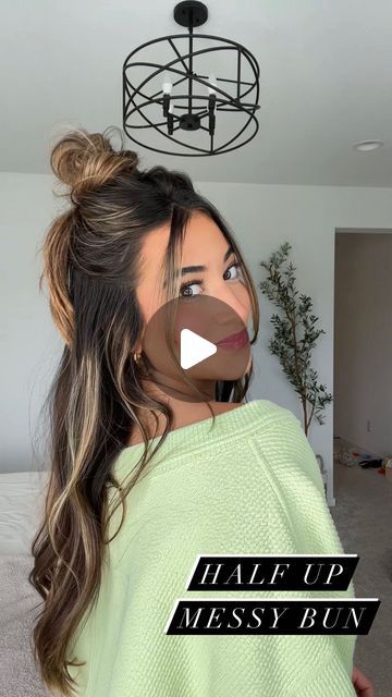 MADISON QUINN on Instagram: "this half up messy bun is my go-to for the easiest, fastest hairstyle and especially good for second & third day hair 👏🏽  #hairtutorital #halfup #hairstyle #halfuphairstyle #hairinspo #messybun #easyhairstyle #simplehairstyle #hairspo" Half Updo Messy Bun, Half Up Half Down Scrunchie Hair, Second Day Short Hairstyles, Half Up Do Medium Hair, Cute Half Up Bun Hairstyles, Half Up Nurse Hair, Double Bun Half Up Half Down, Easy Cute Half Up Half Down Hair, Messy Half Bun Tutorial