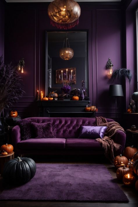 Surrender to the allure of an enchanted evening retreat, where Halloween wall decor intertwines with opulence in this lavish purple living room. Sumptuous velvet seating, rich like royal robes, summons you to recline amidst the whispers of the night. Overhead, an ornate, spherical chandelier bathes the room in a golden, spellbinding glow. The grand mirror, framed in black, reflects the flickering lights and seems to peer into your soul. Halloween wall art adorns the purple paneled walls Purple Fall Table Decor, Pumpkin Living Room, Fall Color Home Decor, Purple Autumn Decor, Purple Sofa Decor, Living Room Autumn Colors, Candle Display Ideas Living Rooms, Orange And Purple Room, Purple Pillows Living Room