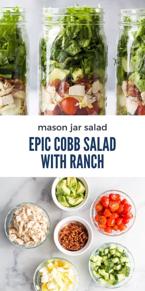 This epic Mason Jar Cobb salad recipe is perfect for meal prep. It's made with an easy yogurt based ranch dressing and filled with chicken, hardboiled egg, crispy bacon, tomato, cucumber and avocado. It will last in the fridge for 4-5 days. 7 Layer Salad In Mason Jar, Cob Salad Meal Prep, Cob Salad Mason Jar, Easy Salad In A Jar Recipes, Salad In Jars Recipes Work Lunches, Mason Jar Chef Salad, Meal Prep Egg Salad, Canning Jar Salads, Cobb Salad In A Mason Jar