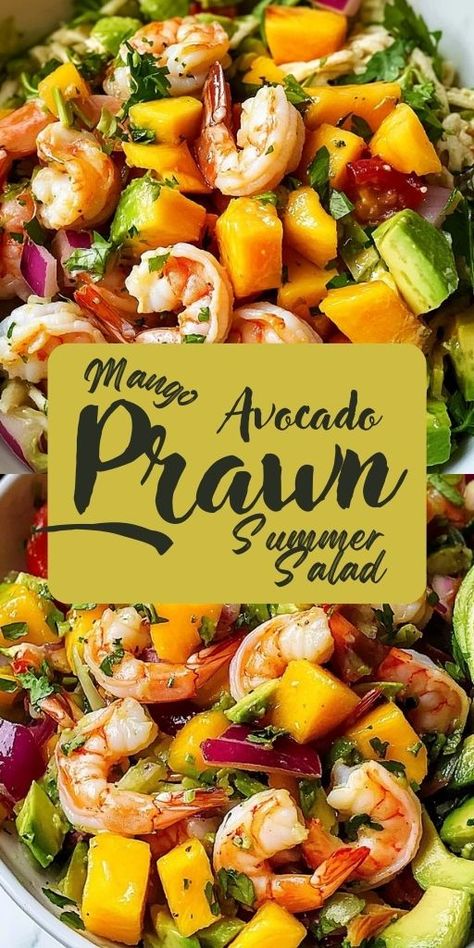 Prawn Mango Avocado Summer Salad Ingredients: 500g cooked prawns, peeled and deveined 1 large ripe mango, peeled and diced 1 avocado, peeled and diced 1 small red onion, finely sliced 1 cucumber, halved and thinly sliced 1/2 cup fresh coriander leaves 1/4 cup fresh mint leaves 1 red chili, finely sliced (optional) 1/4 cup roasted peanuts, roughly chopped Dressing: 2 tbsp lime juice 1 tbsp fish sauce 1 tbsp rice vinegar 1 tsp sugar 1 tbsp sesame oil #Prawn #Mango #Avocado #Summer #Salad Prawn Mango Salad, Prawn And Avocado Salad, Roasted Avocado, Mango Salad Dressing, Baked Shrimp Recipes, Prawn Salad, Ripe Mango, Delicious Food Ideas, Gf Food