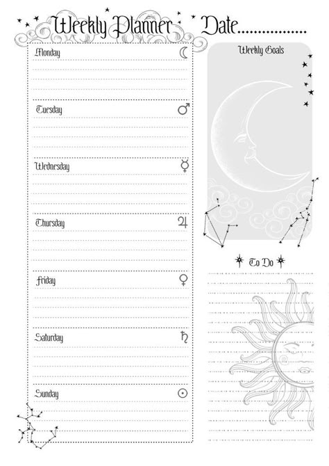 Weekly Planner Printable | Weekly planner printable, Bullet journal ideas pages, Bullet journal books Witchy Weekly Planner, Moon Planner Printable, Witch Planner Pages, Planner Book Design, Journal Designs Printable, Witch Printables, Bullet Journal Calendrier, Witch Planner, Witchy Planner