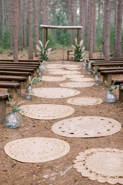 Wedding In Pine Trees, Black River Falls Wisconsin, Wedding Fun Ideas, Pine Tree Wedding, Wheat Wedding, Tree Grove, Summer Shandy, Ceremony Aisle, Boho Rugs