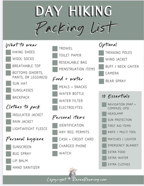 Day Trip Essentials Packing Lists, Packing List For The Mountains, Packing List For Vacation Mountains, Colorado Hiking Packing List, Hiking Needs List, Day Hike Checklist, Mountain Trip Packing List Summer, What To Pack For Hiking Day Trip, Dolomites Packing List