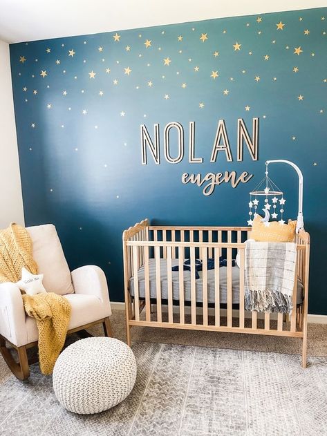 Star Accent Wall Nursery, Gender Neutral Galaxy Nursery, Star Wall Nursery, Planet Theme Nursery, Space Themed Room Decor, Galaxy Nursery Ideas, Modern Space Nursery, Nursery Ideas Celestial, Outerspace Nursery Ideas