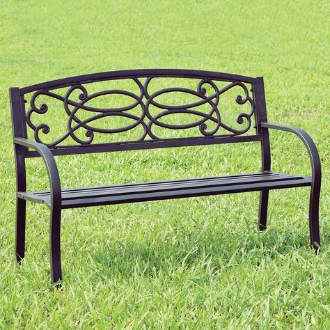 Swirla 50 in. Dark Bronze Cast Iron Outdoor Metal Bench | Hayneedle Wooden Park Bench, Front Porch Light, Iron Outdoor Furniture, Metal Working Machines, Glass House Wedding, Freedom House, Metal Garden Benches, Bench Garden, Outdoor Garden Bench