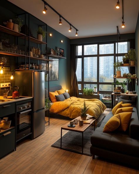 Small Cozy Apartment, Apartemen Studio, Studio Apartment Living, Deco Studio, Tiny Apartments, Small Apartment Design, Small Apartment Living Room, Apartment Layout, Small Apartment Living