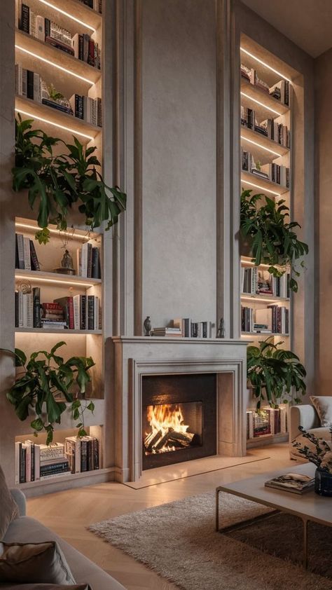 Tall Living Room Built Ins, Built In Bookshelf With Fireplace, Living Room Storage Around Fireplace, Built In Shelves With Windows Above, Fireplace Interior Ideas, Mantle And Bookshelves, Bookshelf And Fireplace, Bookcase With Fireplace And Tv, Library Around Fireplace