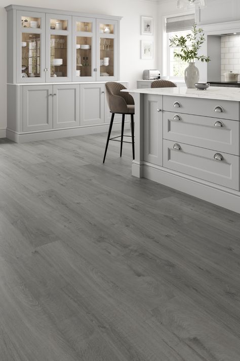 Grey Wooden Flooring Kitchen, Vinyl Grey Flooring, Kitchens With Laminate Flooring, Laminate Wood Flooring Gray, White Kitchen With Grey Floors, Kitchens With Dark Grey Floors, Greynite Flooring Design, Grey Vynal Flooring, Grey Kitchen Flooring Ideas Laminate