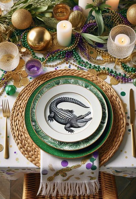 Mardi Gras Tablescape, Mardi Gras Dinner Party, Mardi Gras Dinner, Mardi Gras Table, Mardi Gras Diy, Mardi Gras Centerpieces, Table Settings Ideas, Dining Table Decorations, Table Decorating Ideas