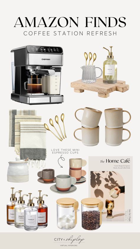 Hotel Tea And Coffee Station, Coffee Bar Must Haves Products, Nespresso Storage Ideas, Pretty Coffee Bar, Coffee Bar Accessories Decorating Ideas, Coffee Station Accessories, Aesthetic Coffee Maker, Coffee Bar Necessities, Amazon Coffee Bar Must Haves