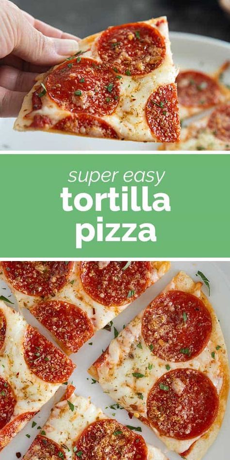 Craving pizza but don’t have a lot of time? This Tortilla Pizza is done in less than 15 minutes, and is the perfect lunch or quick dinner idea! Homemade Tortilla Pizza, Tortilla Pizza In Oven, Oven Tortilla Pizza, Corn Tortilla Pizza Recipes, Healthy Pizza Tortilla, Tortilla Pizza Healthy, Tortilla Strip Pizza, Zero Carb Tortilla Pizza, Pizza Made With Tortilla Shells