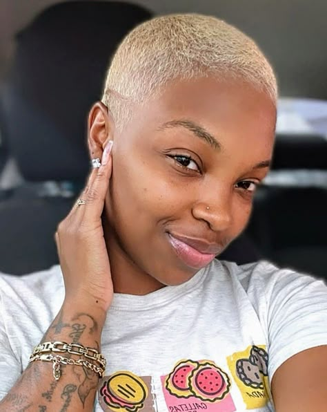 Black Women Short Haircut Fade 4c, Buzzcut On Black Women, Short 4c Blonde Hair, Short Blonde Fade Black Women, Shaved Blonde Hair Black Women, Platinum Blonde Fade Black Women, Short Fades For Black Women, Platinum Blonde Buzzcut Black Women, Blonde Buzz Cut Black Women