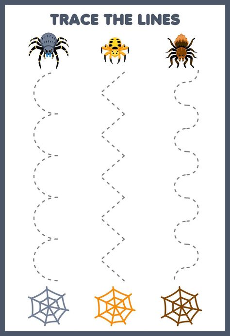 Education game for children handwriting practice trace the lines with cute cartoon spider and web picture printable bug worksheet Spider Preschool Activities, Spider Crafts Preschool, Preschool Food Crafts, Stellaluna Crafts, Daycare Job, Ece Resources, Bug Printable, Spiders Preschool, Spider Printable