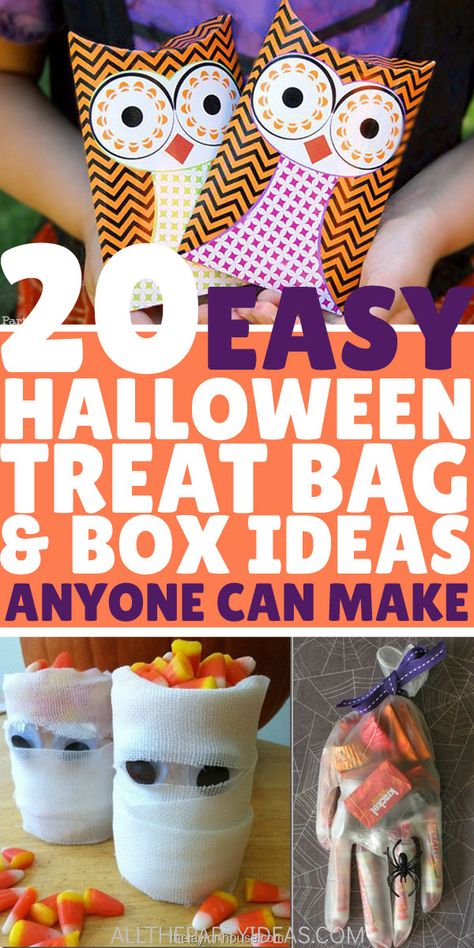 Fun, best budget HALLOWEEN TREAT BAGS and BOXES for toddlers, kids, teens, and adults. Simple DIY tutorials for cute handmade and creative homemade packaging for easy party favors and goodies. Free printables, tags, labels, toppers or really cheap dollar tree store craft supplies. Great for school classroom, like preschoolers and kindergarten, work office coworkers, college friends, church, or teachers. Ideas for what to put in like snacks, desserts, healthy no candy and unique non food gifts. Easy Halloween Treat Bags, Halloween Treat Bag Ideas, Kid Halloween Treat Bags, Halloween Classroom Treats, Homemade Halloween Treats, Halloween Candy Crafts, Halloween Treat Bags Diy, Treat Bag Ideas, Halloween Favor Bag