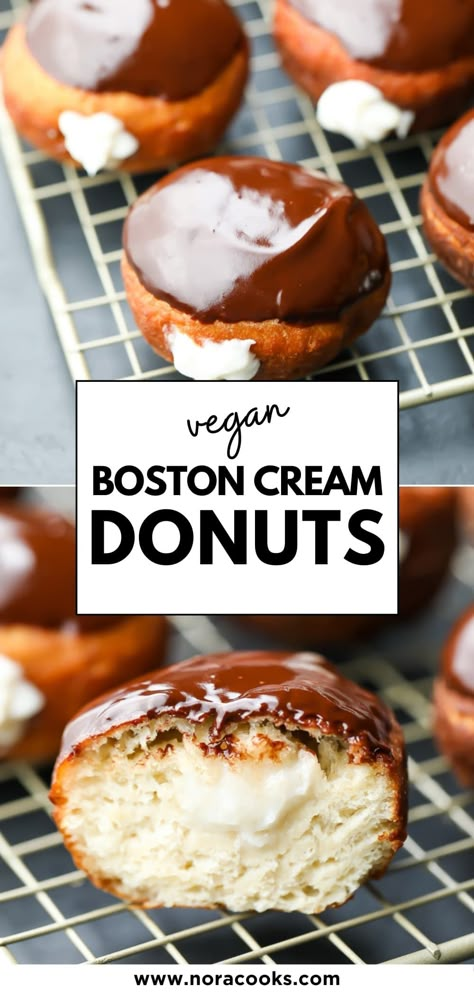 Vegan Vanilla Custard, Donuts Filled, Vegan Donut Recipe, Boston Cream Donut, Nora Cooks, Vegan Pastry, Vegan Doughnuts, Fry Bake, Vegan Pastries