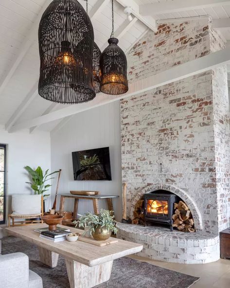 Moody Beach House, Whitewashed Brick, German Schmear, Brick Fireplace Wall, White Wash Brick Fireplace, Types Of Bricks, Painted Brick Fireplace, Interior Brick, Brick Interior Wall