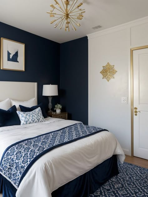 Navy Blue And White Room Bedrooms, Navy Blue White And Gold Bedroom, Navy And Gold Bedroom Ideas, Navy White And Gold Bedroom, Gold Navy Bedroom, Navy Blue And Gold Bedroom Ideas, Blue White And Gold Bedroom, Blue Bedroom Ideas For Teens, Small Blue Bedroom