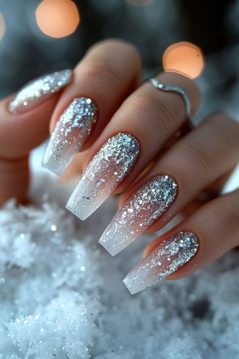 Long Acrylic Nails Coffin Glitter Sparkle, Nails White Silver Glitter, Waterfall Nail Designs Glitter, Silver Glitter And White Nails, Milky White And Silver Glitter Nails, White Glitter Acrylics, Silver Sparkle Nail Designs, Milky White Nails With Glitter Tips, Silver And Glitter Nails