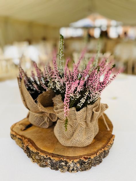 Beautiful potted Heather within littkd hessian sacks Heather Table Decorations, Heather Flower Arrangements, Heather Table Decor, Heather Wedding Decoration, Heather Wedding Bouquet, Potted Plants Wedding, Lilac Wedding Themes, Hessian Wedding, Bud Vase Centerpiece