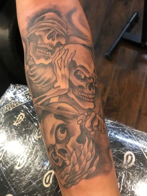 Hear no evil see no evil speak no evil skulls black and grey tattoos Half Sleeve Tattoos For Men Upper Arm Black, Skull Arm Tattoo Men, Men’s Tattoos Forearm, Tattoo Ideas For Men Upper Arm, See No Evil Hear No Evil Tattoo, Black Men Arm Tattoos, Forearm Tattoo Ideas Men, Inside Forearm Tattoo For Men, Black Men Sleeve Tattoo Ideas