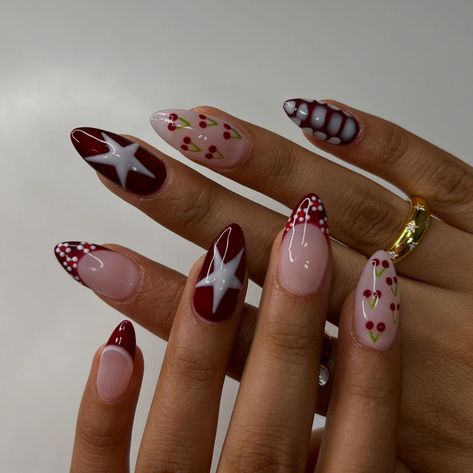 🍒⭐️🍷 • • • • #nailsxkay #nailsnailsnails #apresnails #gelx #gelxnails #prettynails #trendynails #naildesign #nailart #nailextentions #bombnails #cutenails #baddienails #nailinspo #pinterestnails #trendynails #explore #explorepage #scvnails #calinails #LAnails #nailsofinstagram #fallnails #rednails #darkrednails #winenails #starnails #cherrynails #flowernails #crocprintnails Funky Nails Valentines, Funky Nails Christmas, Short Designed Nails, Berry Color Nails Designs, Cool Holiday Nails, Cute Simple Gel Nail Designs, Cool Girl Christmas Nails, Nail Inspo Maximalist, Christmas Round Nails