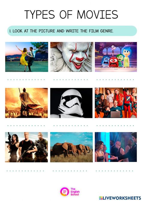 Movies Genre, Genre Activities, Movie Worksheet, Types Of Movies, English Knowledge, Cinema Theater, Go To The Cinema, English Worksheet, Outdoor Cinema