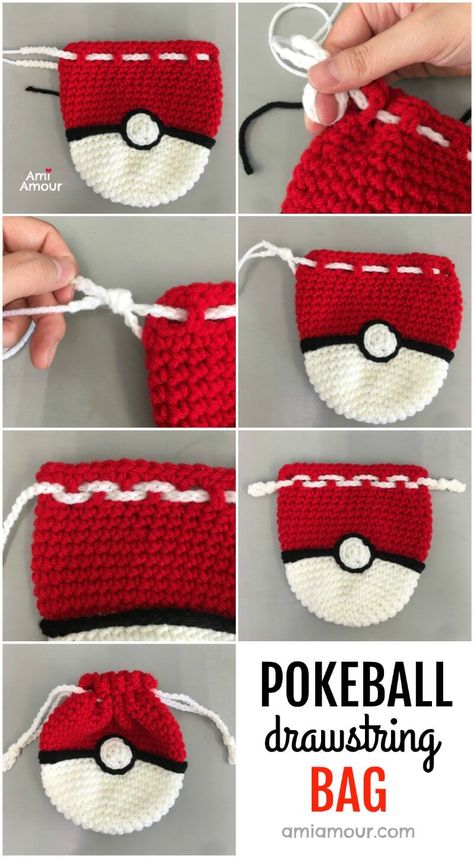 Crochet Pokeball Bag (Drawstring Style) - FREE Pattern - Ami Amour Crochet Pokeball, Pokemon Crochet Pattern, Hadiah Diy, Pola Macrame, Crochet Pokemon, Confection Au Crochet, Quick Crochet Patterns, Pola Amigurumi, Aesthetic Crochet