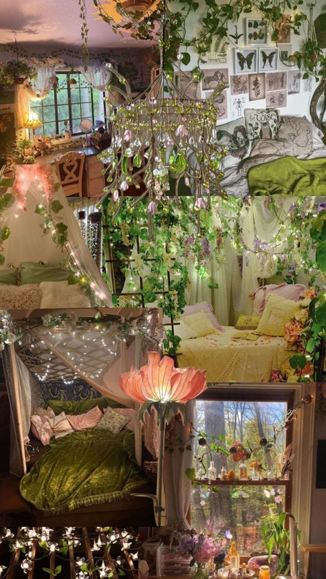 Bloomcore Aesthetic Room, Purple Fairy Room, Fairycore Room Aesthetic, Fairy Bedroom Ideas For Adults, Fairy Bedroom Aesthetic, Fairy Room Ideas, Basement Aesthetic, Forest Bedroom Aesthetic, Fairy Core Room