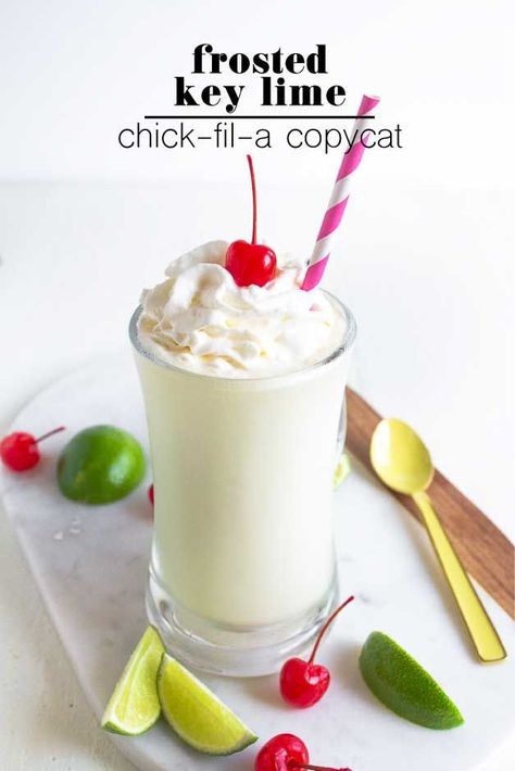 This copycat recipe for Chick-fil-a's Frosted Key Lime is spot on and incredibly easy to make.  Only three ingredients!  Top with whipped cream and a cherry!  #copycat #copycatrecipes #chickfila #limeade #keylime #icecream #frozendesserts #easy #best #mynameissnickerdoodle Key Lime Lemonade, Chick Fil A Copycat, Super Easy Dinner Ideas, Snickerdoodle Recipes, Key Lime Recipes, Blueberry Shortcake, Frosted Lemonade, Key Lime Cheesecake, Citrus Recipes