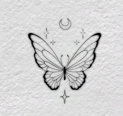 Zodiac Butterfly Tattoo, Butterfly Tatoos Woman, Moon With Stars Tattoo, Butterfly Moon Tattoo, Butterfly Tattoo Ideas For Women, Butterfly And Stars, Butterfly Wings Tattoo, Butterfly Wings Design, Butterfly Tattoo Designs For Women