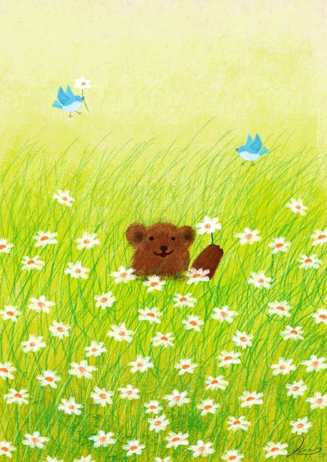 A lot of flowers are blooming! by Ken Smiths Spring Illustration Wallpaper, Spring Wallpaper Illustration, Spring Illustration Art Nature, Spring Cat Wallpaper, Spring Cat Illustration, A Lot Of Flowers, Cute Animal Illustration, Happy Pictures, Graphic Artist