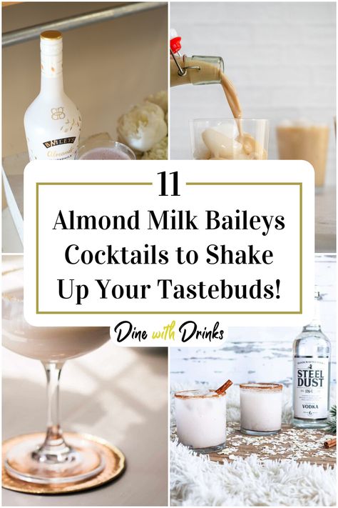 Collage of 4 almond milk baileys cocktails. Almond Baileys Recipes, Almond Baileys Drinks, Baileys Light Recipes Drinks, Baileys Almond Milk Liquor Recipes, Baileys Almande Recipes, Vegan Holiday Drinks, Dairy Free Cocktails, Best Almond Milk, Baileys Cocktail