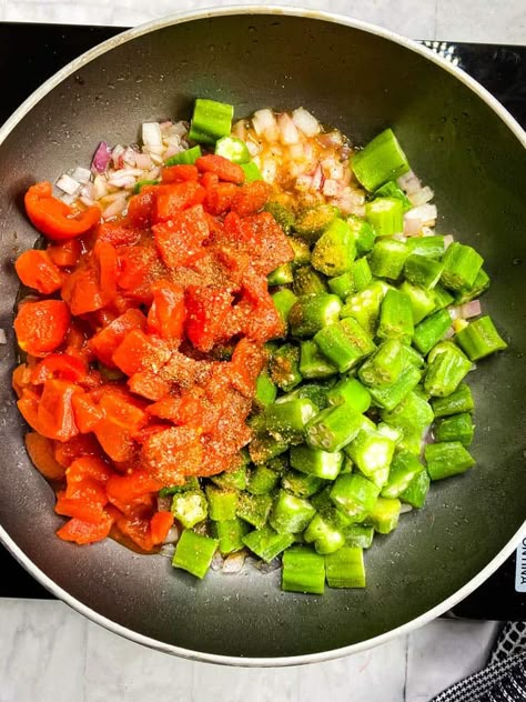 Southern Okra and Tomatoes + {VIDEO} Fresh Okra And Tomatoes Recipe, Tomatoes Okra And Corn Recipe, How To Cook Fresh Okra From The Garden, Southern Okra And Tomatoes Recipe, Stewed Okra And Tomatoes Southern, Stewed Okra And Tomatoes With Chicken, Tomato And Okra Recipes, Okra Tomatoes Recipe, Tomatoes And Okra Recipes