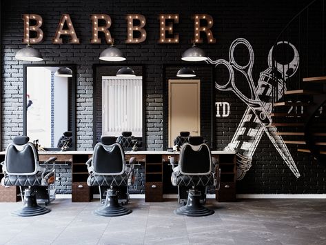 Rustic Barbershop Ideas, Trendy Barber Shop Interior, Barbershop Seating Area, Barber Shop Lighting Ideas, Barber Shop Decor Modern, Modern Barber Shop Ideas Interior Design, Barber Interior, Barber Shop Pictures, Modern Barber Shop