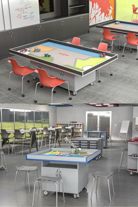 Choose from a variety of heights and widths for a robotics table that suits a wide range of classrooms, makerspaces, or a STEM/STEAM learning spaces. #MiEN #Education #SchoolFurniture #Innovation #21stcenturylearning #Collaboration #k12 #LearningSpaces #FlexibleSeating #makerspace #robitics #esports Robotics Room School, Robotic Classroom Design, Robotics Classroom Design, Steam Lab Design, Future Classroom Design, Stem Classroom Design, Future School Design, Maker Space Design, Robotics Classroom