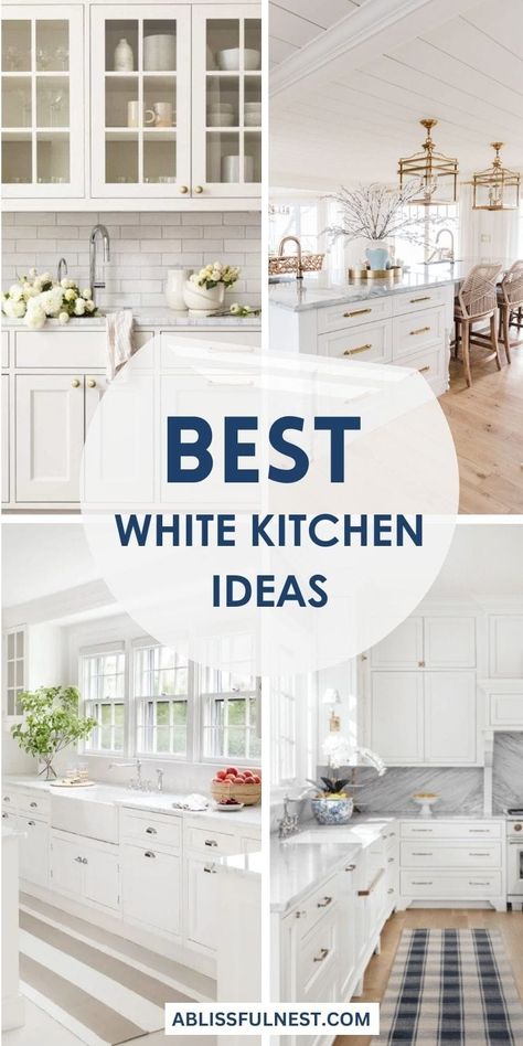 Looking for kitchen inspo? Explore these stunning white kitchen ideas that add elegance and light to your home. Whether you love sleek and modern or cozy and traditional, we've got you covered! #kitchendesign #whitekitchenideas #ABlissfulNest White Kitchens With Peninsula, Bright And Airy Kitchen Ideas, White Kitchen Island Ideas, White Kitchens Ideas, Countertops Decor Ideas, Kitchen Countertops Decor Ideas, Modern Farmhouse White Kitchen, All White Kitchens, Kitchen Inspirations White