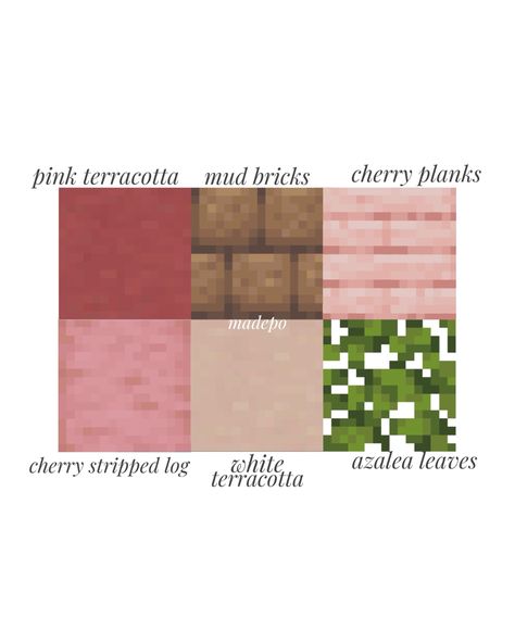 Aesthetic Pink Minecraft House, Minecraft Houses With Terracotta, Cherry Blossom Colour Palette Minecraft, Pink Blocks Minecraft, Cherry Blossom Block Pallet Minecraft, Pink Terracotta Minecraft, Mc Pink House, Pink Minecraft Palette, Minecraft Mud Brick Pallet