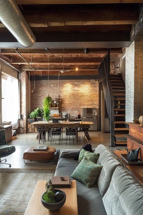 "Experience the edgy elegance of a Modern Industrial Loft! 🏙️🛠️ This design combines raw materials, open spaces, and urban vibes for a chic and contemporary home. 🌟✨ #IndustrialDesign #LoftLiving #ModernDecor" Minimalist Industrial Interior Design, Warehouse Home Design, Magenta Walls, Pink Living Room Ideas, Loft Aesthetic, Modern Industrial Loft, Split Complementary Colors, Industrial Style Interior, Split Complementary