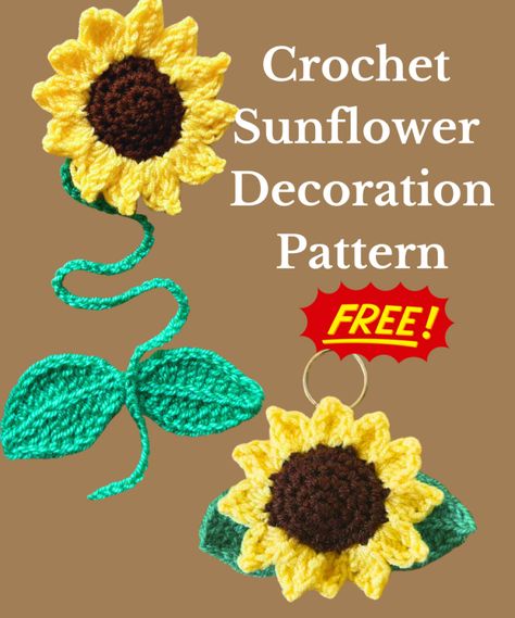 Crochet Sunflower Applique Free Pattern, Sunflower Doily Free Pattern, Crochet Sunflower Leaf, Crochet Sunflower Keychain Pattern Free, Crochet Sunflower Pattern Free, Sunflower Keychain Crochet, Crochet Sunflower Bookmark, Crochet A Sunflower, Crochet Sunflower Keychain